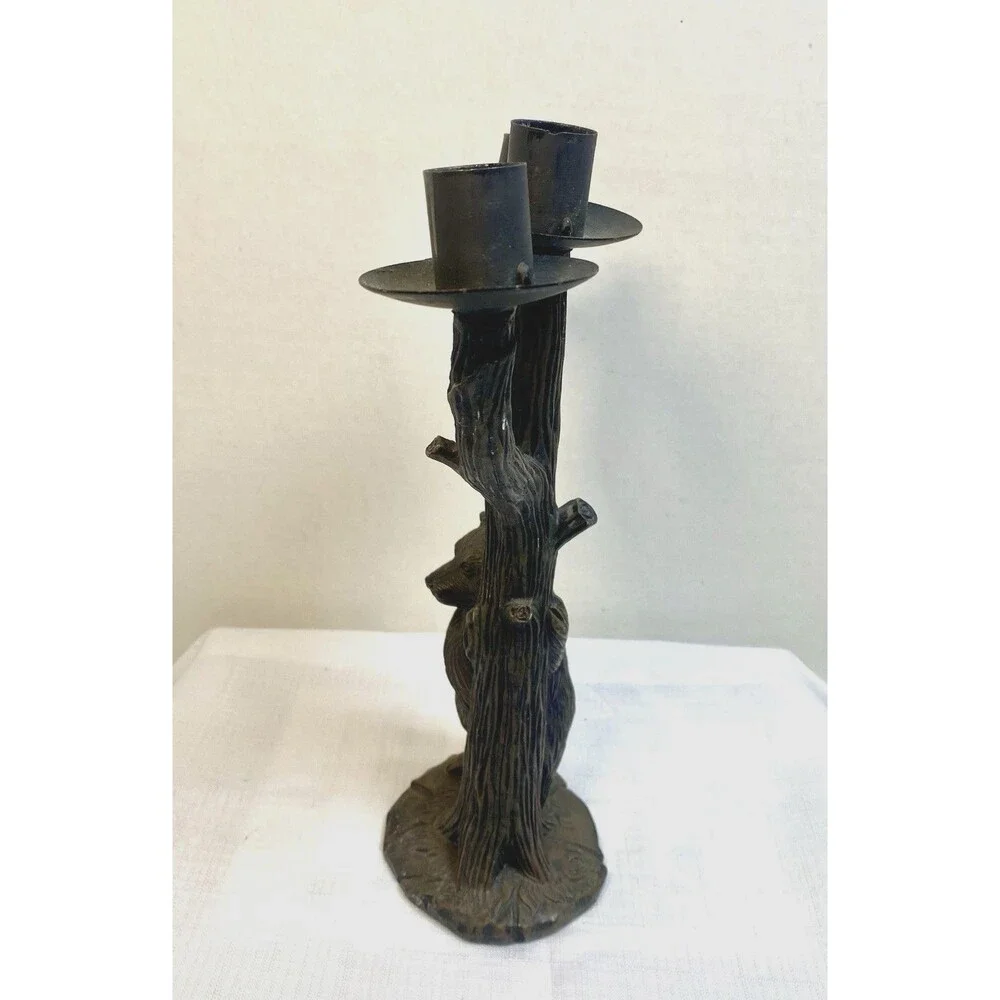 Black Bear Around Tree 11”Candleabrum MCM Candle Holder Rustic Woodland Mancave